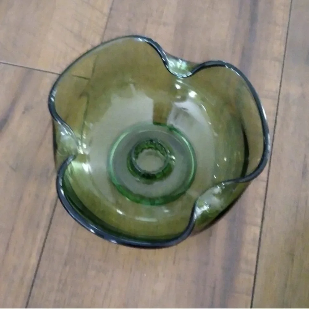 Vintage Viking Glass Olive Green‎ Swung Console Bowl and Candle Holder Set MCM